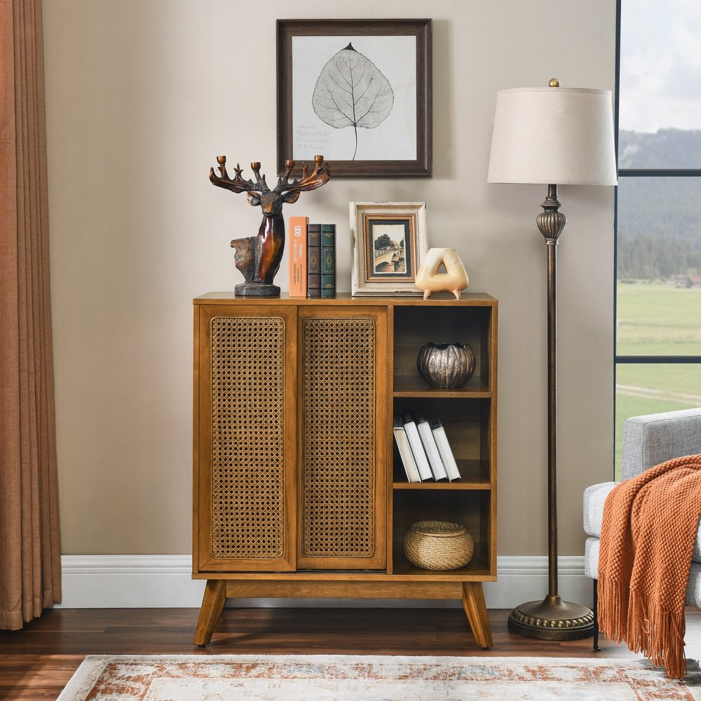 32" Brown Mid-Century Wood Cabinet