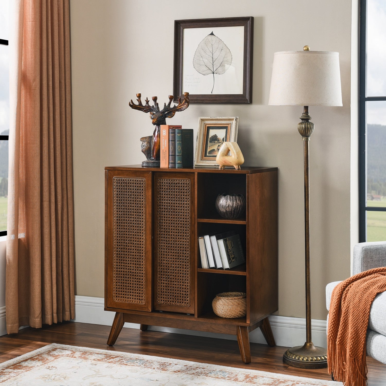 32" Brown Mid-Century Wood Cabinet