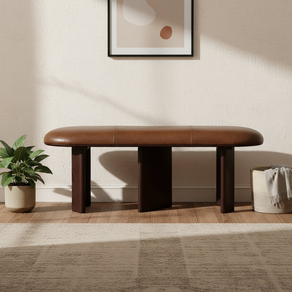 48" Brown Leather Oval Bench