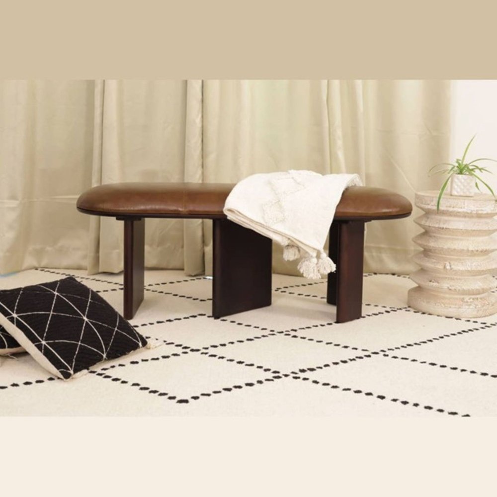 48" Brown Leather Oval Bench