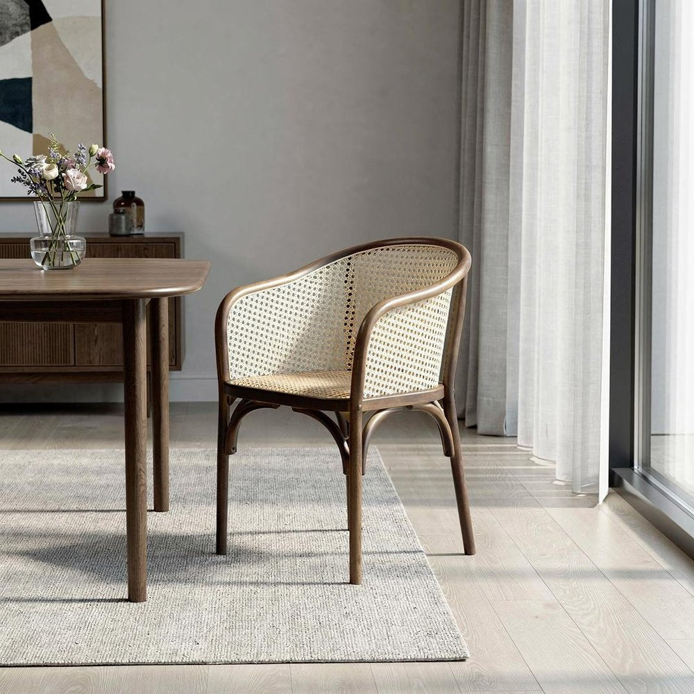 22" Walnut Wood and Rattan Barrel Dining Chair