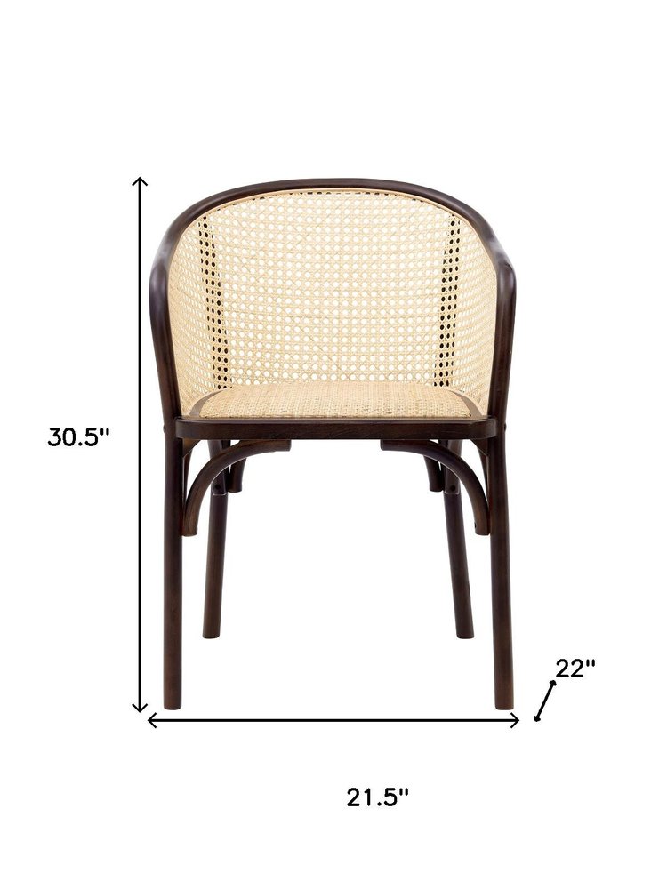 22" Walnut Wood and Rattan Barrel Dining Chair