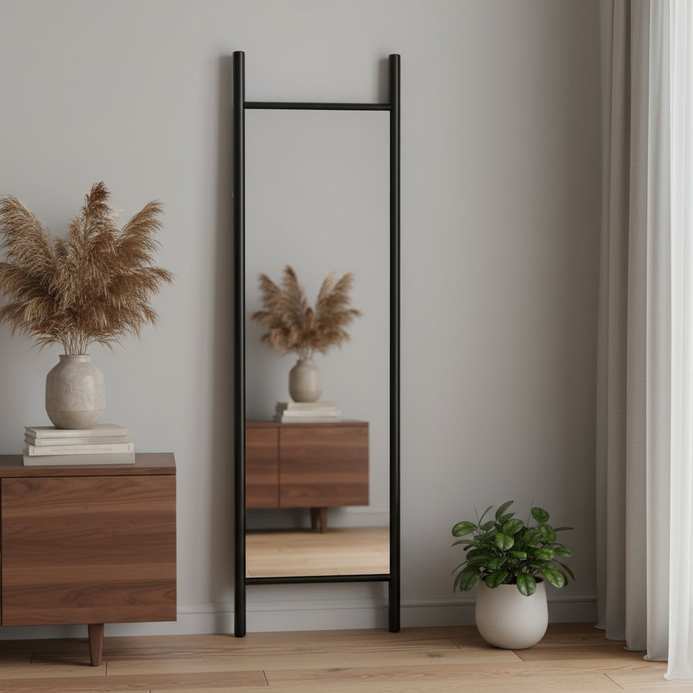 64" Black Wood Ladder Mirror