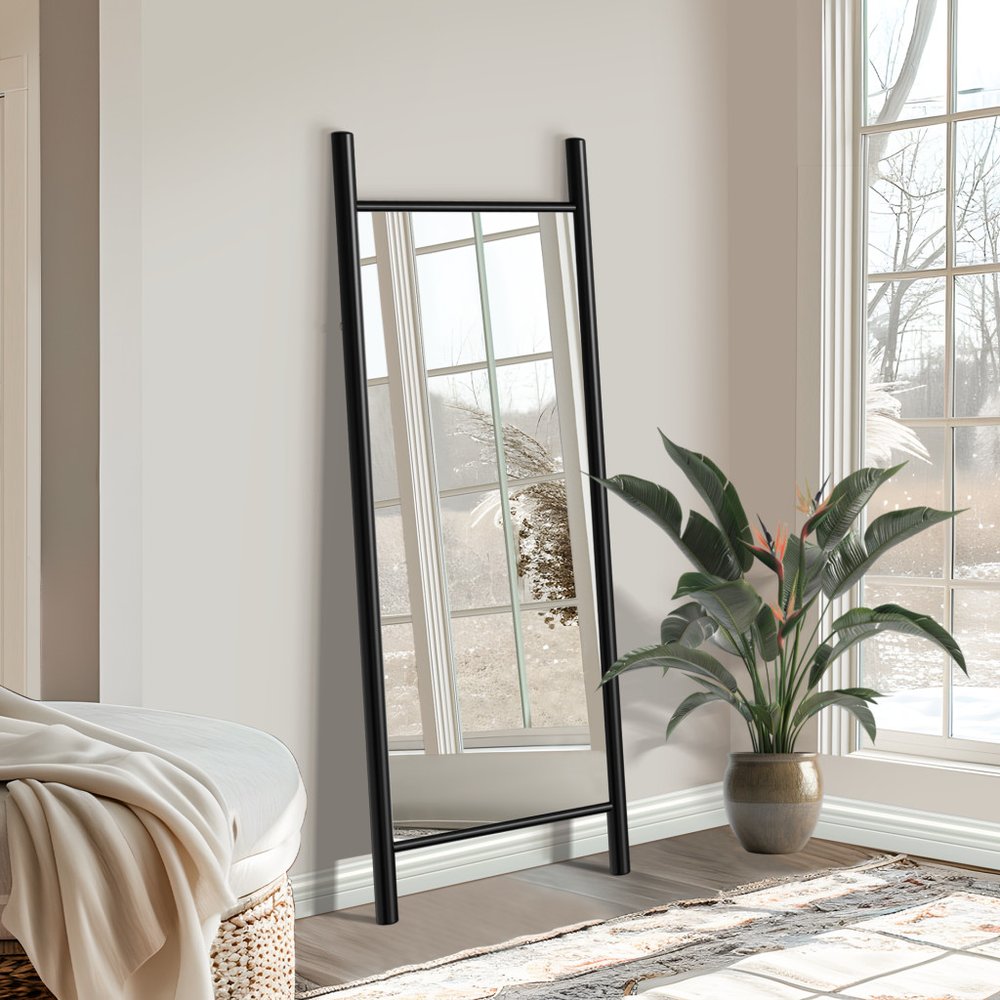 64" Black Wood Ladder Mirror