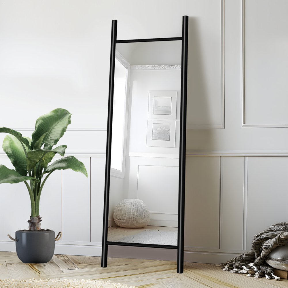 64" Black Wood Ladder Mirror