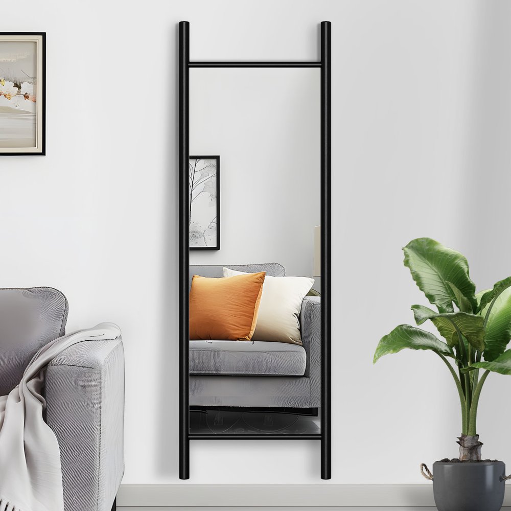 64" Black Wood Ladder Mirror