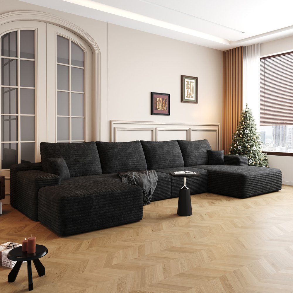 135" Corduroy Compression Foam U-Shape Sectional with Pillows
