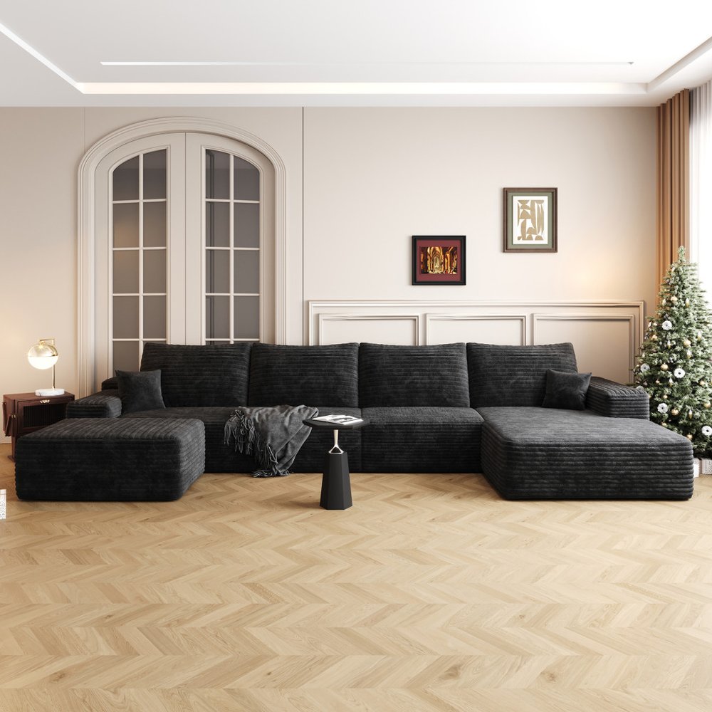 135" Corduroy Compression Foam U-Shape Sectional with Pillows