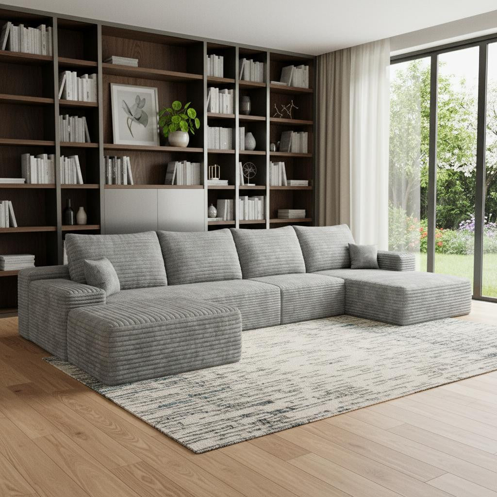 135" Corduroy Compression Foam U-Shape Sectional with Pillows