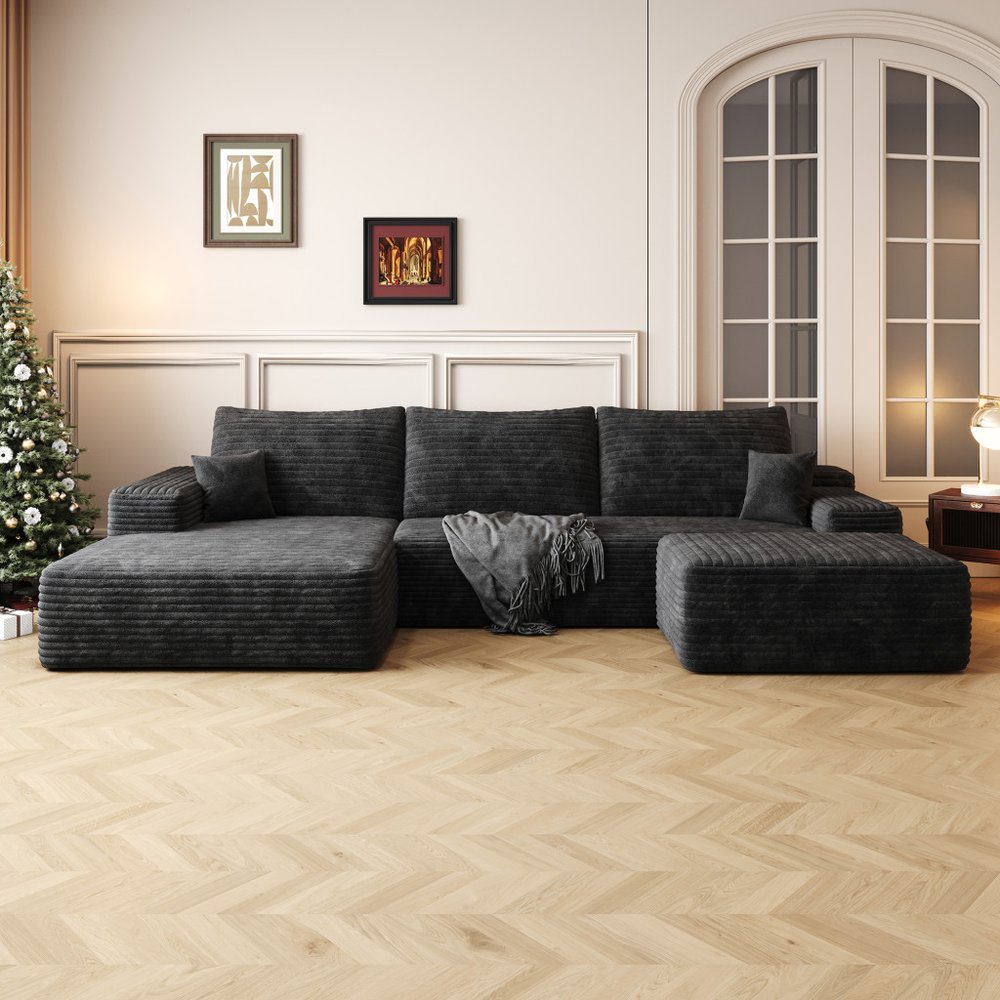 107" Corduroy Compression Foam U-Shape Sectional with Pillows