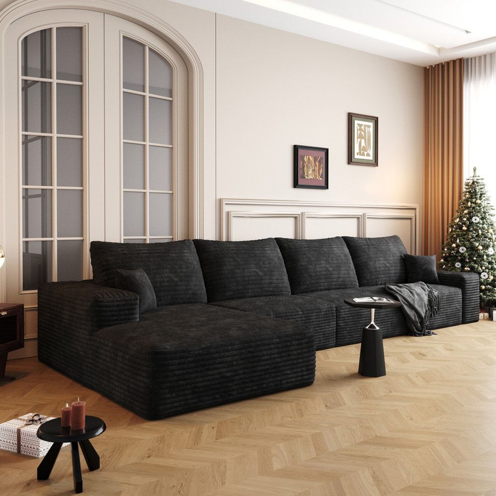 LAF/RAF 135" Corduroy Compression Foam L-Shape Sectional with Pillows