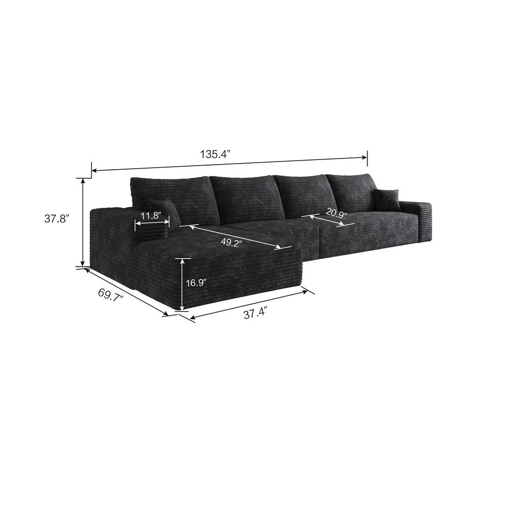 LAF/RAF 135" Corduroy Compression Foam L-Shape Sectional with Pillows