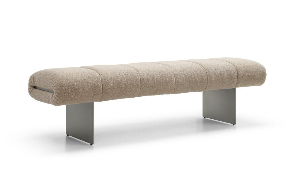63" Beige Bouclé and Metal Tufted Oval Bench