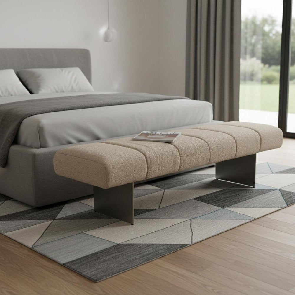 63" Beige Bouclé and Metal Tufted Oval Bench