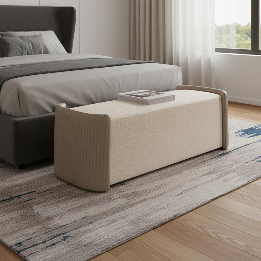 58" Taupe and Brown Bouclé Modern Bench