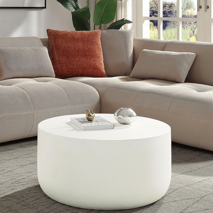 31" White Cement Round Drum Coffee Table