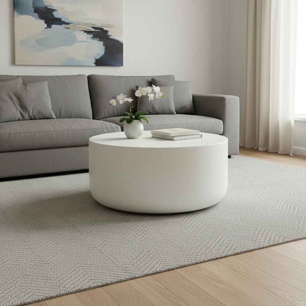 31" White Cement Round Drum Coffee Table