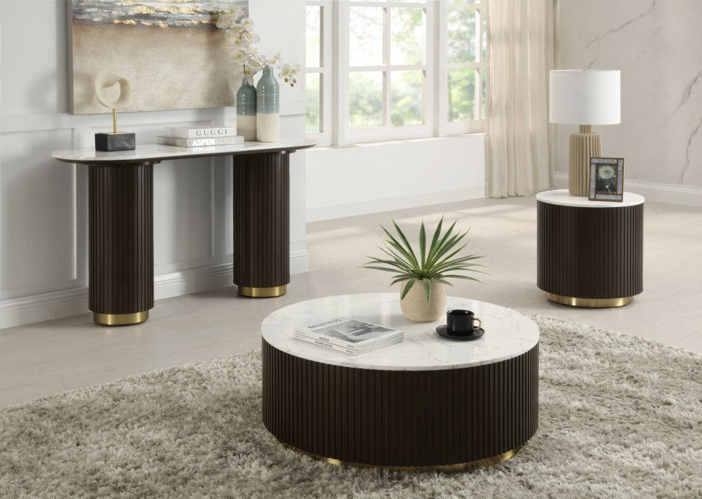 35" Black, Gold, and White Metal and Faux Marble Drum Table