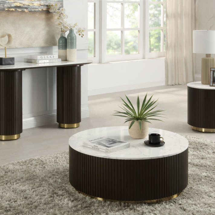 35" Black, Gold, and White Metal and Faux Marble Drum Table