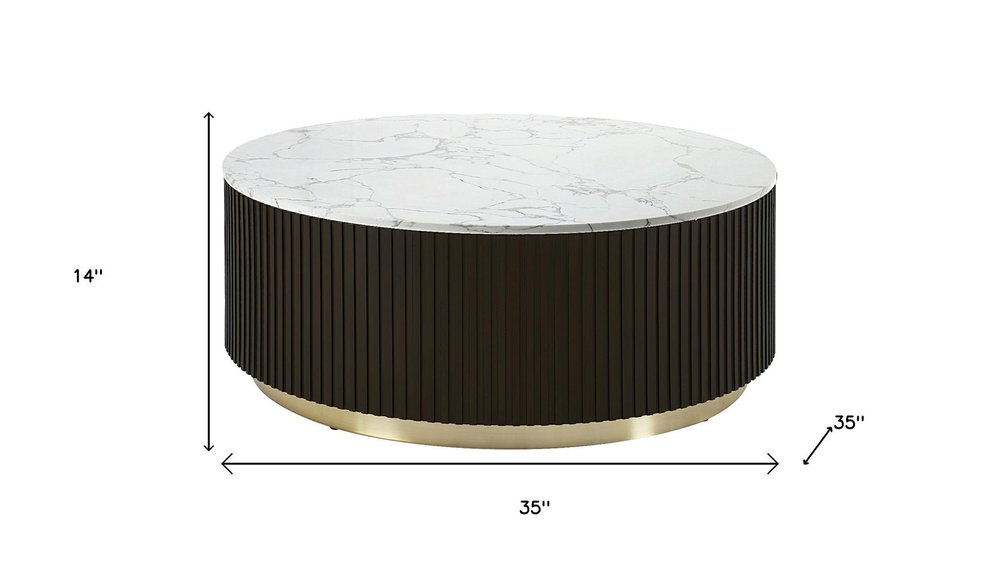 35" Black, Gold, and White Metal and Faux Marble Drum Table