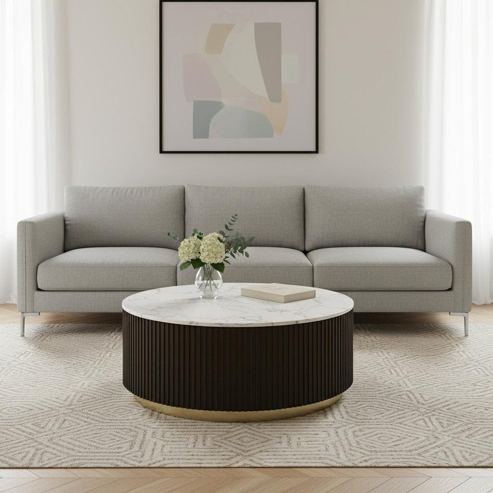 35" Black, Gold, and White Metal and Faux Marble Drum Table