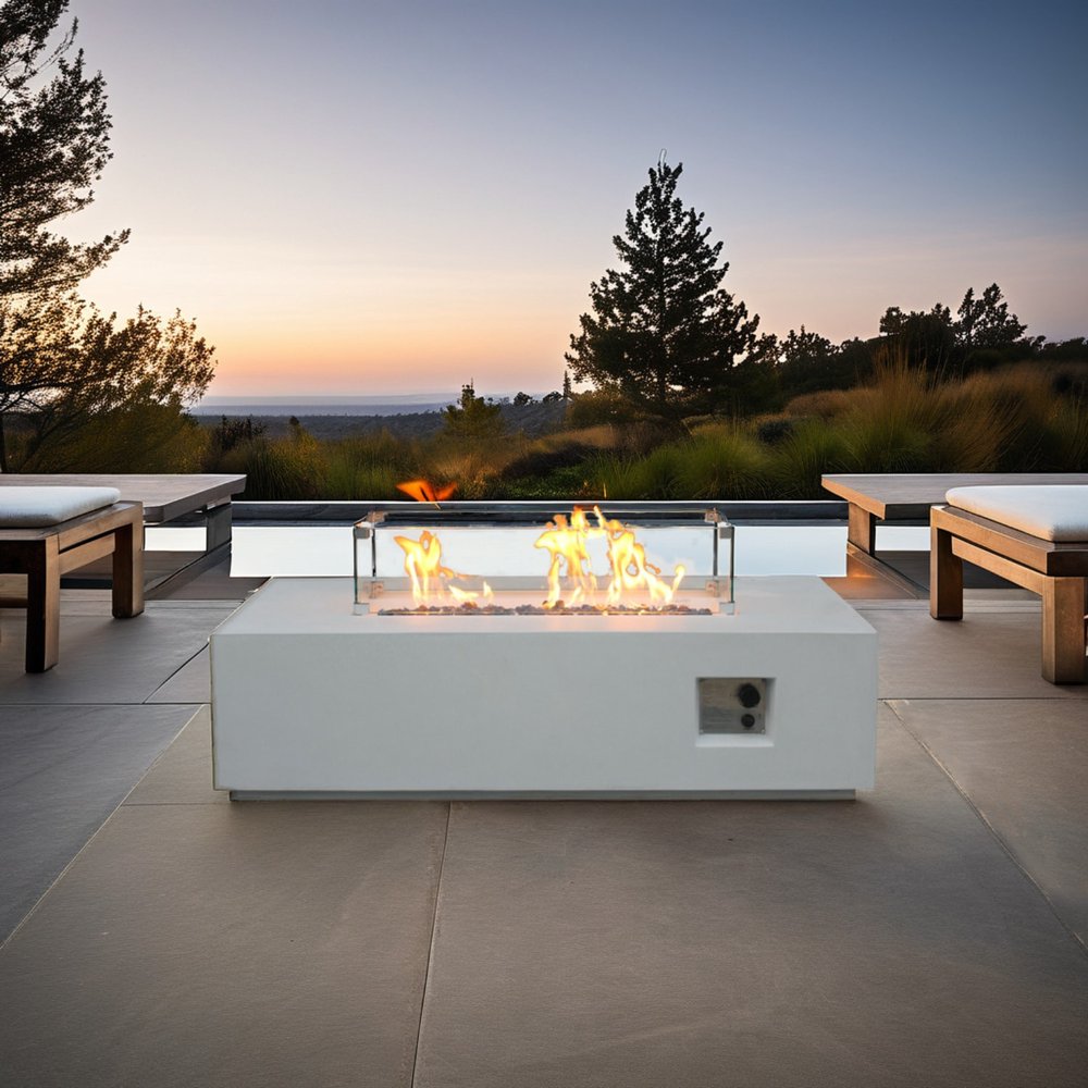 65,000 52" White Concrete Rectangle Propane Fire Pit