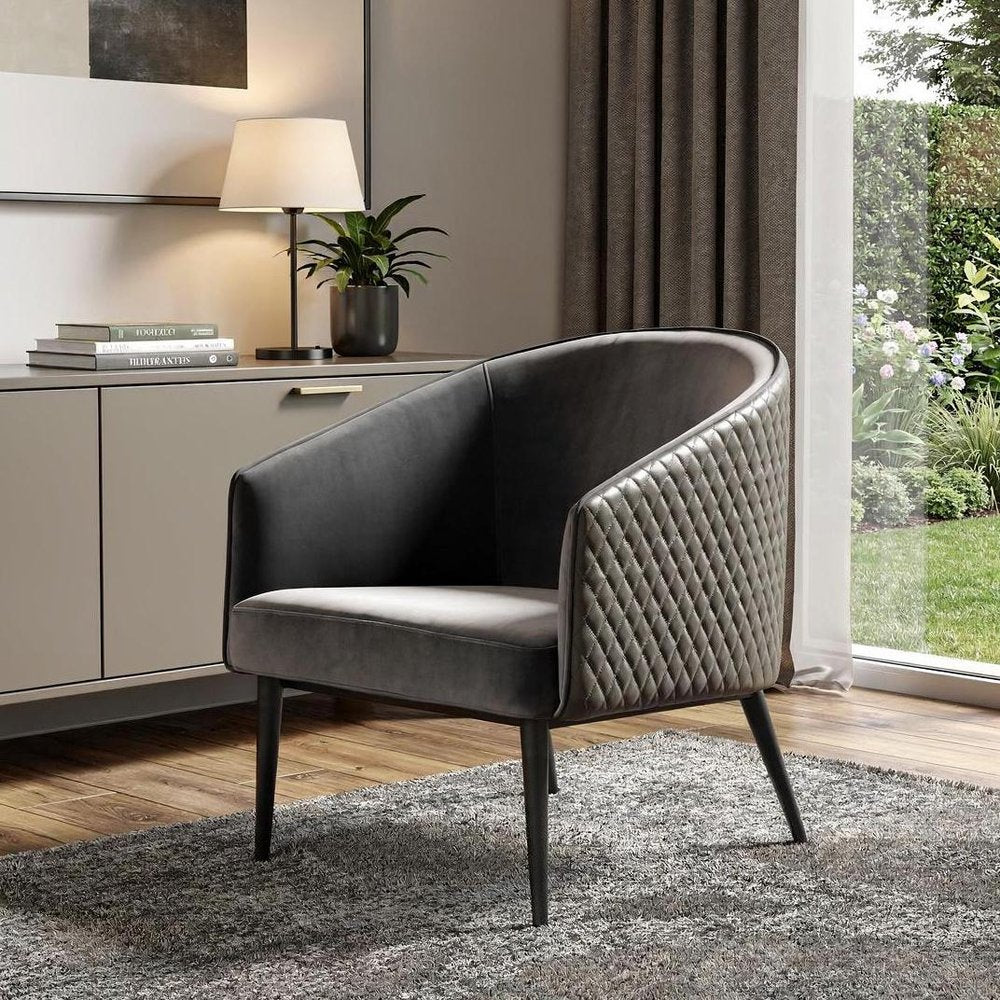 27" Gray Tufted Velvet and Faux Leather Barrel Chair