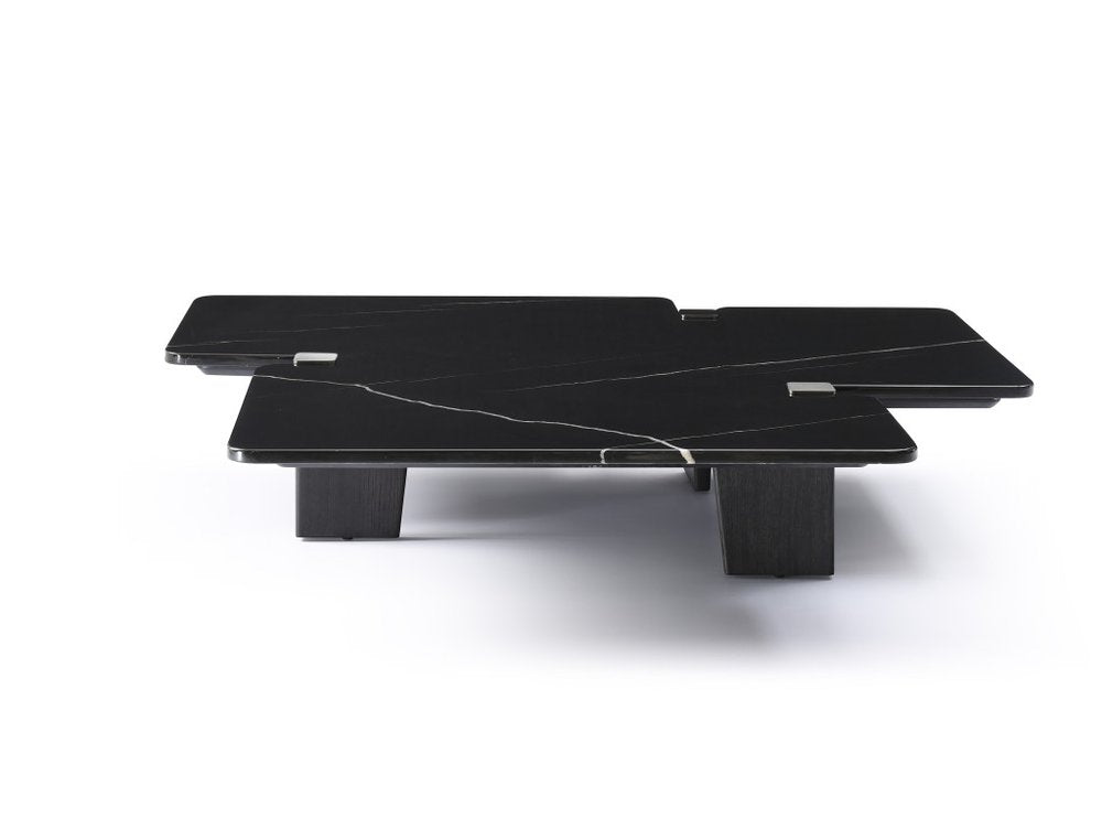 51" Black Marble and Wood Free Form Coffee Table