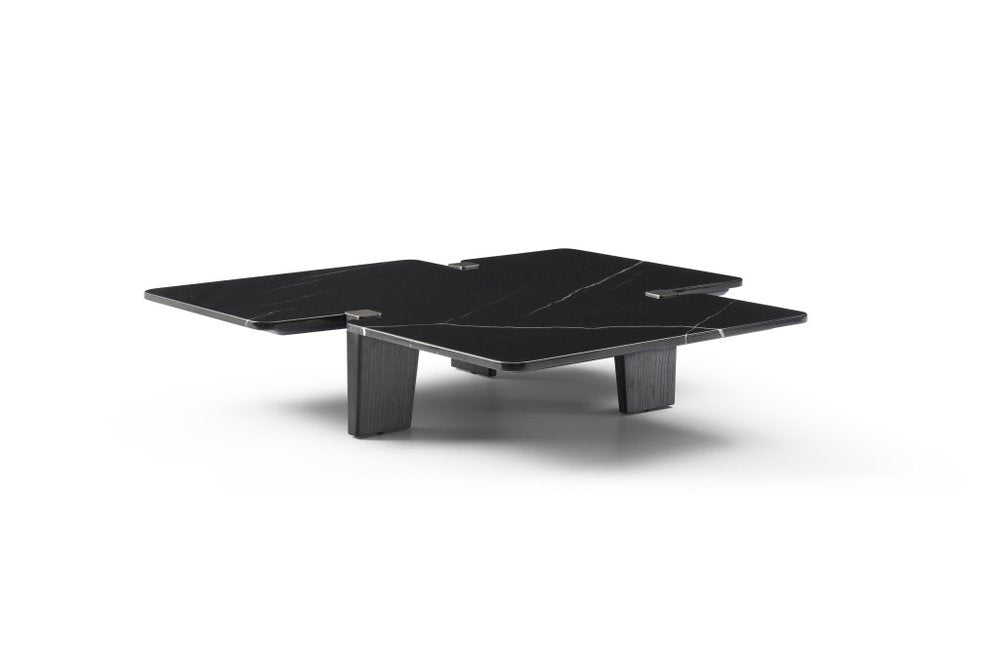 51" Black Marble and Wood Free Form Coffee Table
