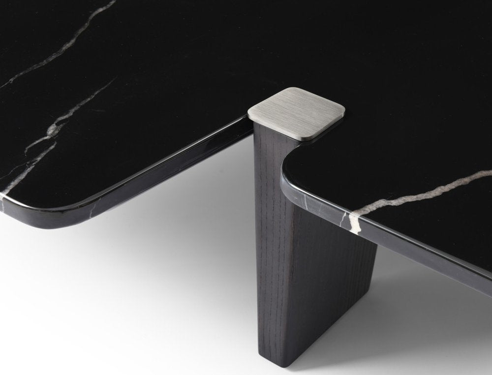 51" Black Marble and Wood Free Form Coffee Table