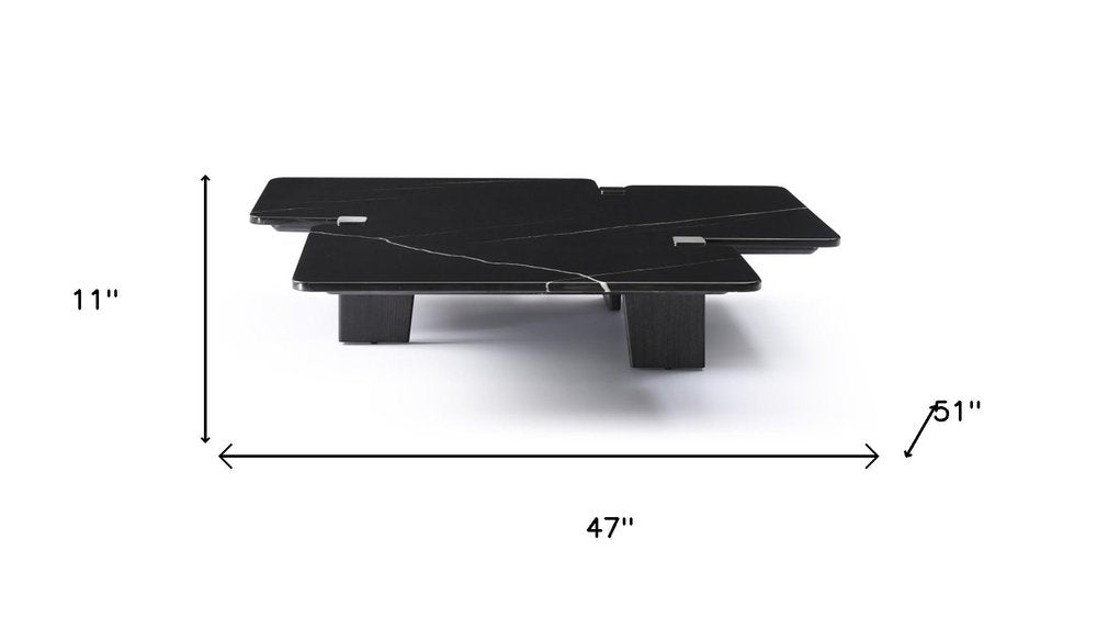 51" Black Marble and Wood Free Form Coffee Table