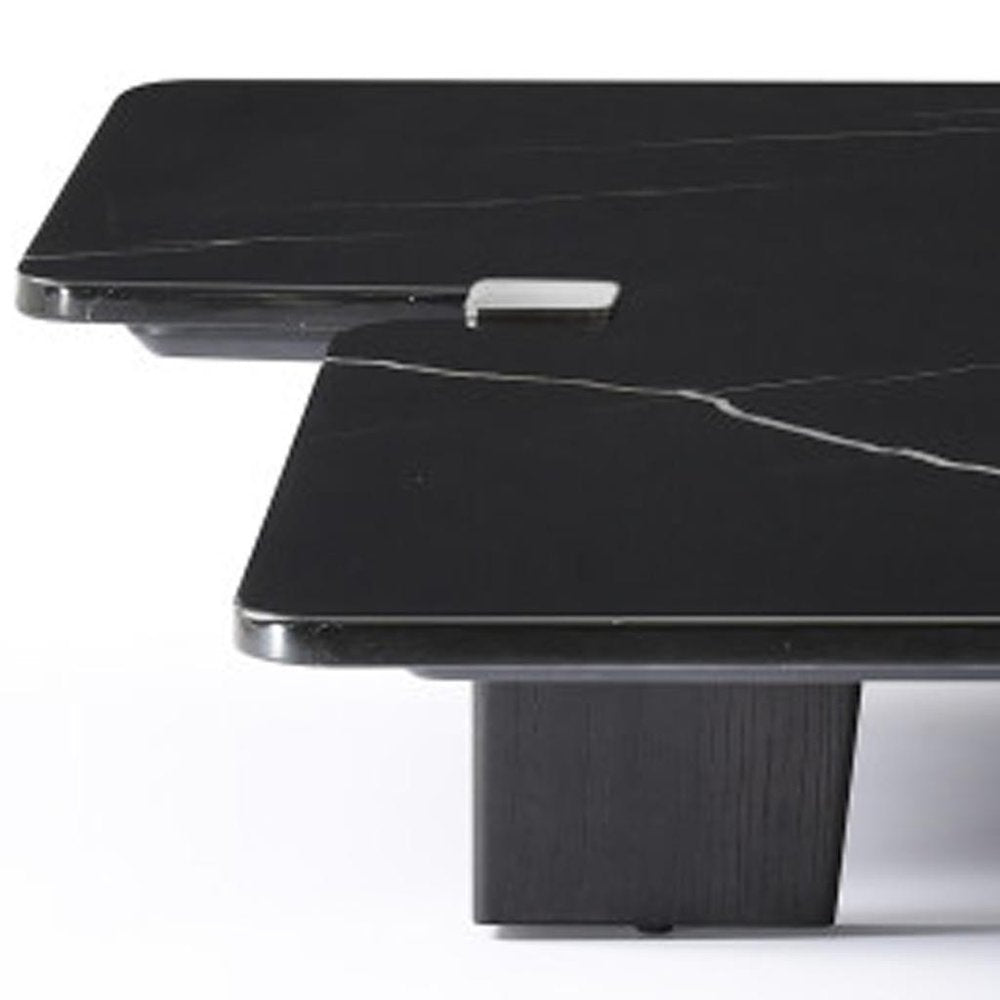 51" Black Marble and Wood Free Form Coffee Table