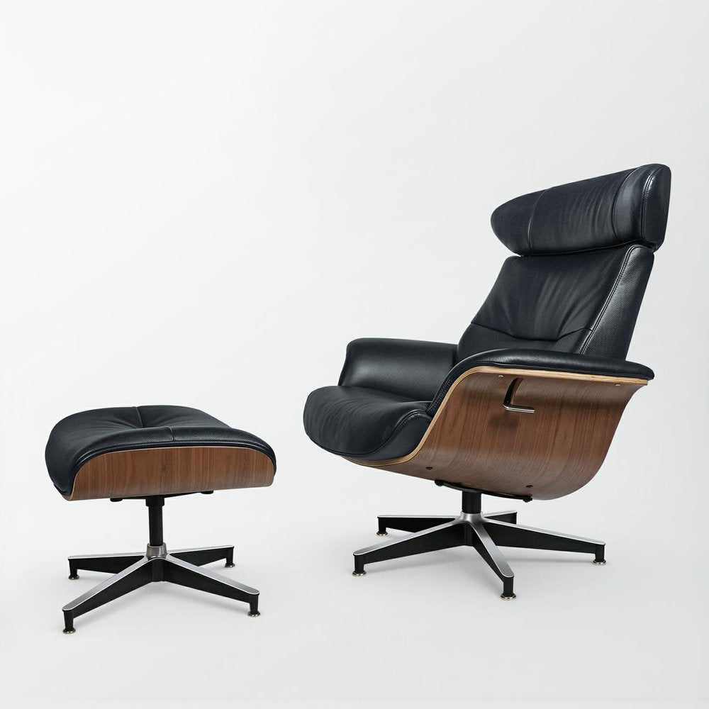 33" Black Top-Grain Leather Swivel Lounge Chair with Ottoman