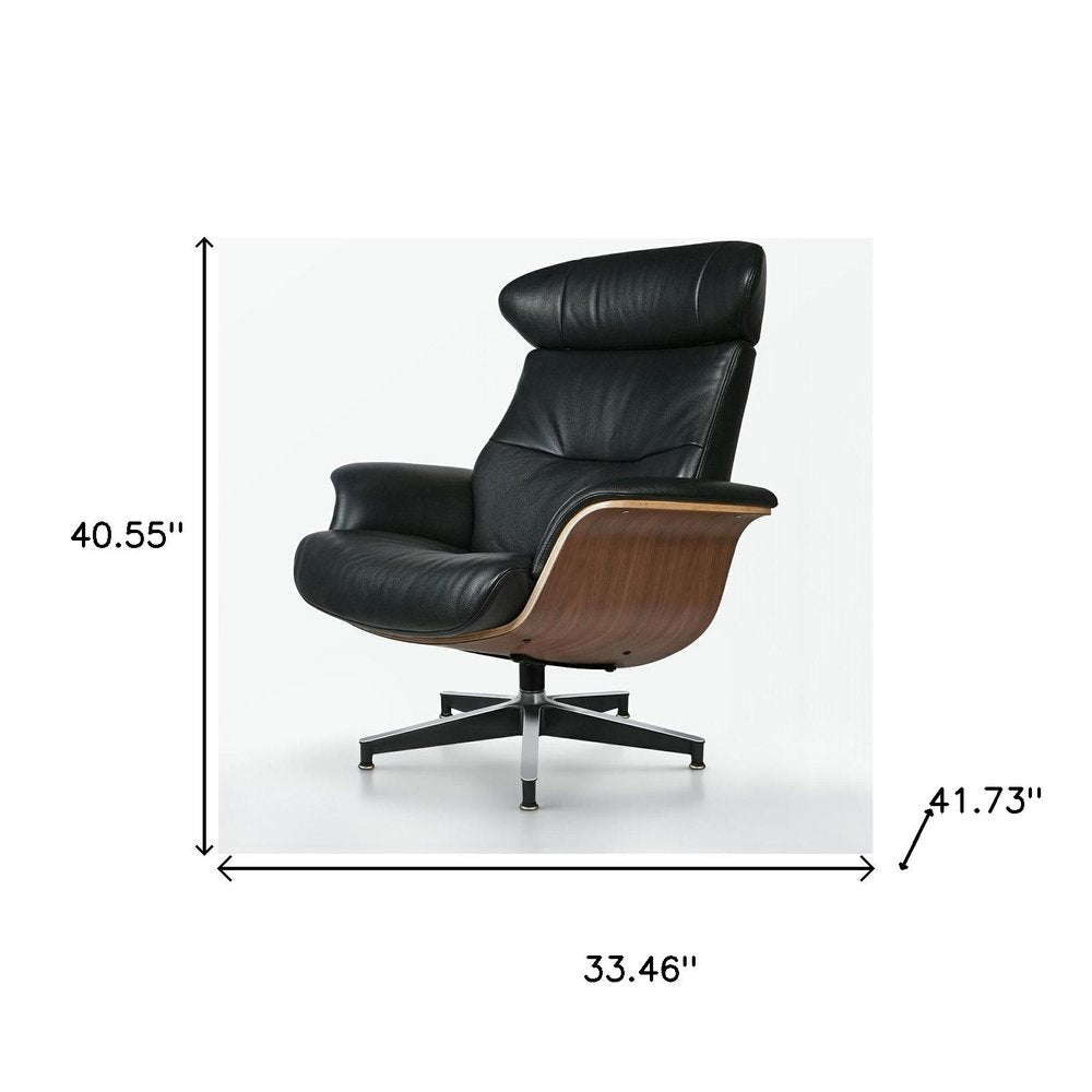 33" Black Top-Grain Leather Swivel Lounge Chair with Ottoman