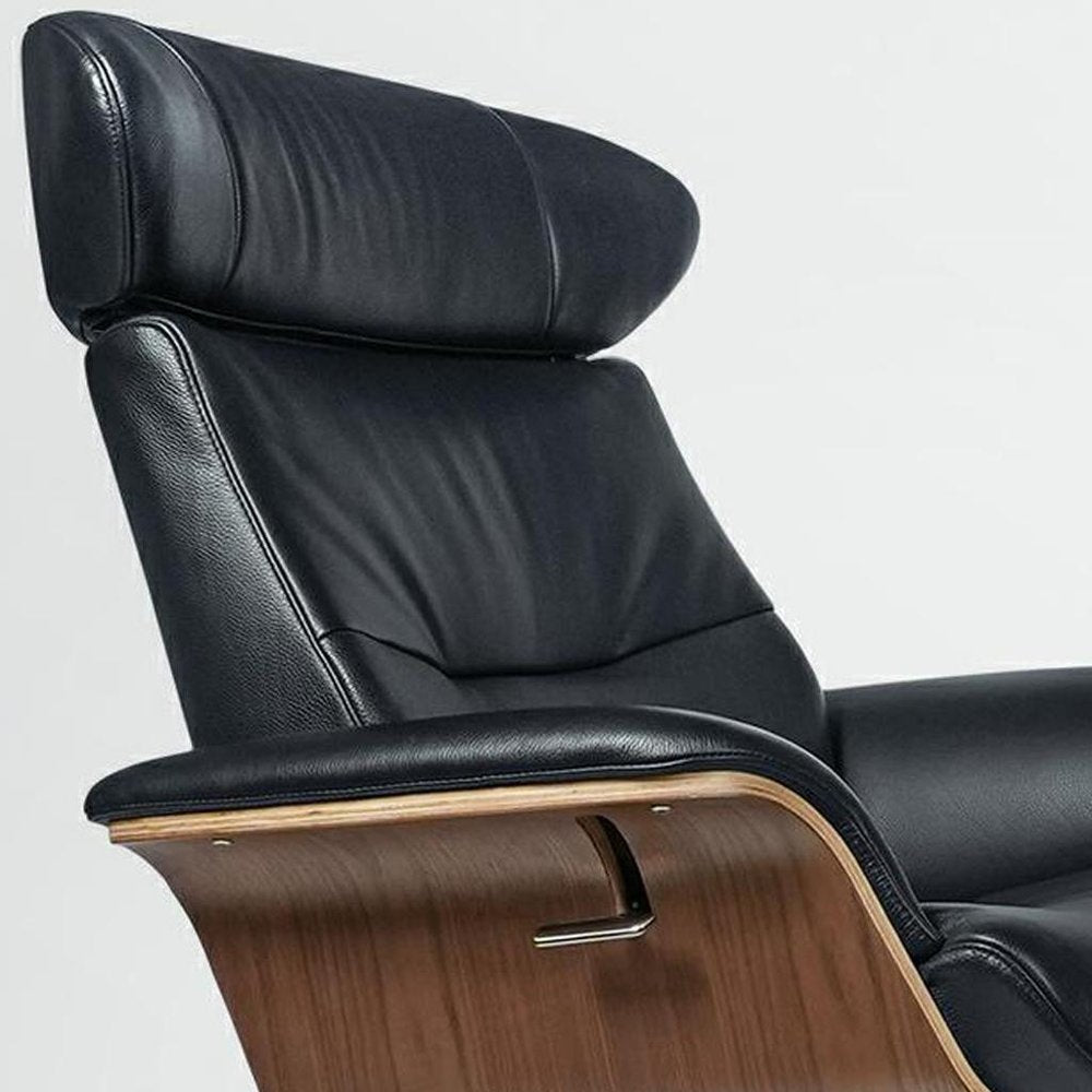 33" Black Top-Grain Leather Swivel Lounge Chair with Ottoman