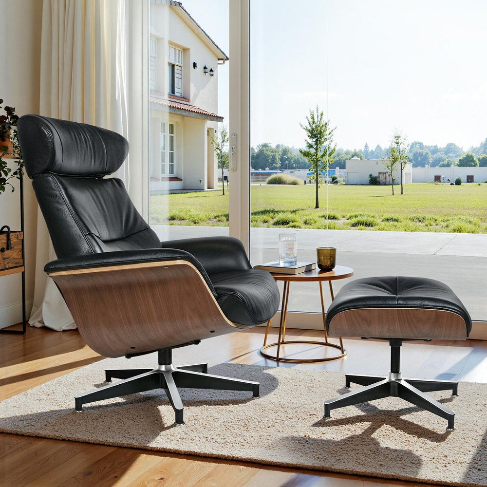 33" Black Top-Grain Leather Swivel Lounge Chair with Ottoman