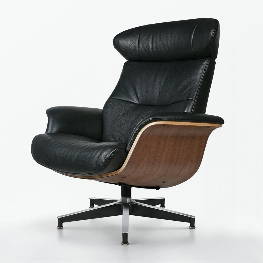 33" Black Top-Grain Leather Swivel Lounge Chair with Ottoman