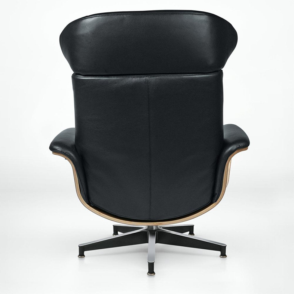 33" Black Top-Grain Leather Swivel Lounge Chair with Ottoman