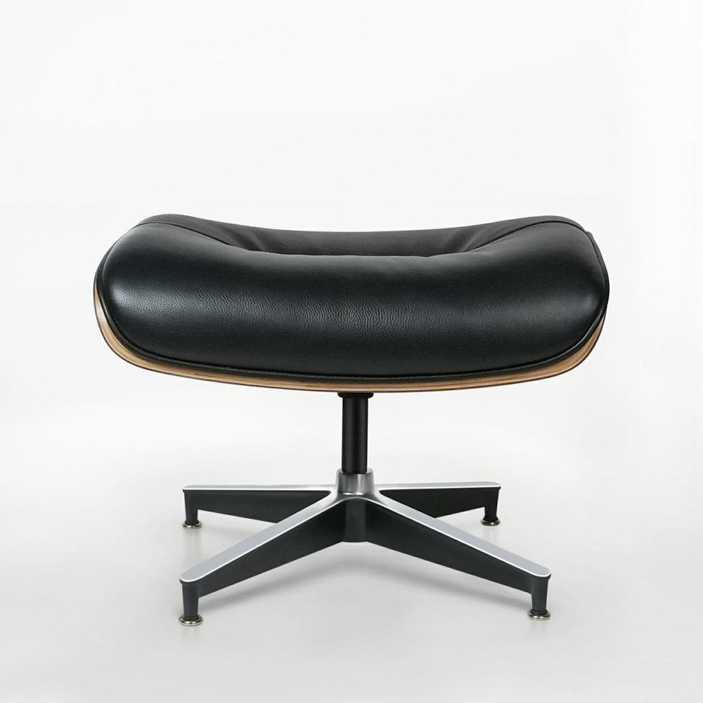 33" Black Top-Grain Leather Swivel Lounge Chair with Ottoman