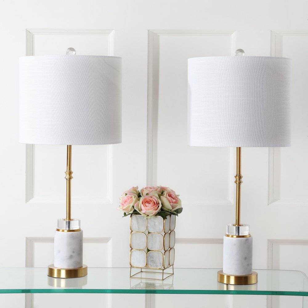 Set of Two 27" White and Brass Table Lamps with Drum Shades