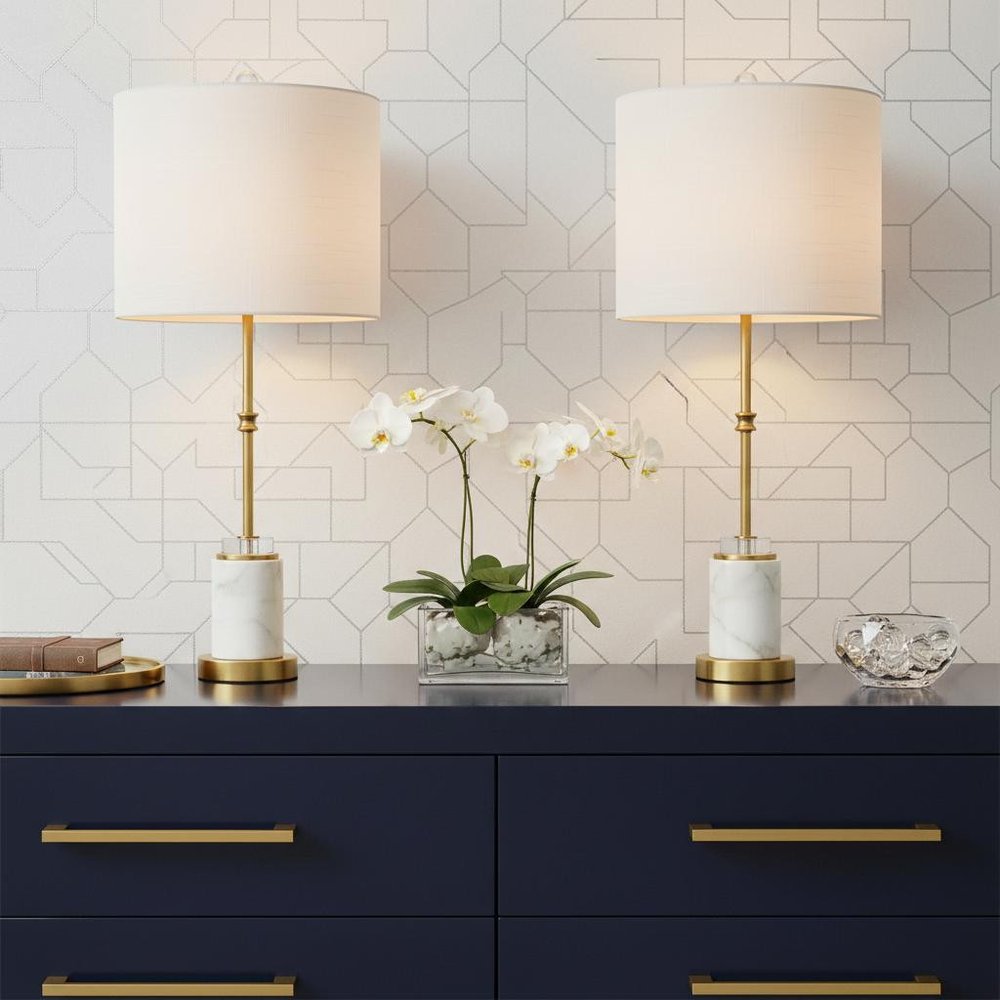 Set of Two 27" White and Brass Table Lamps with Drum Shades