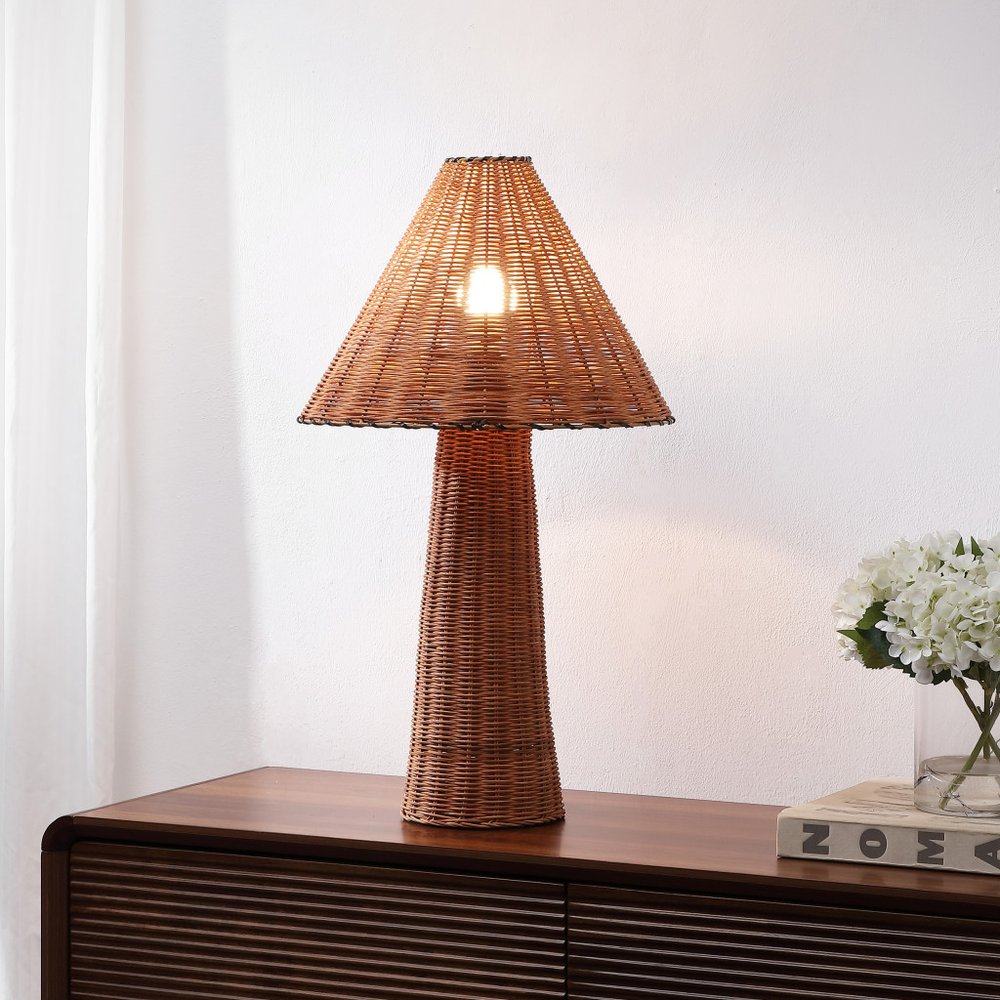 27" Brown Rattan Table Lamp with Empire Shade