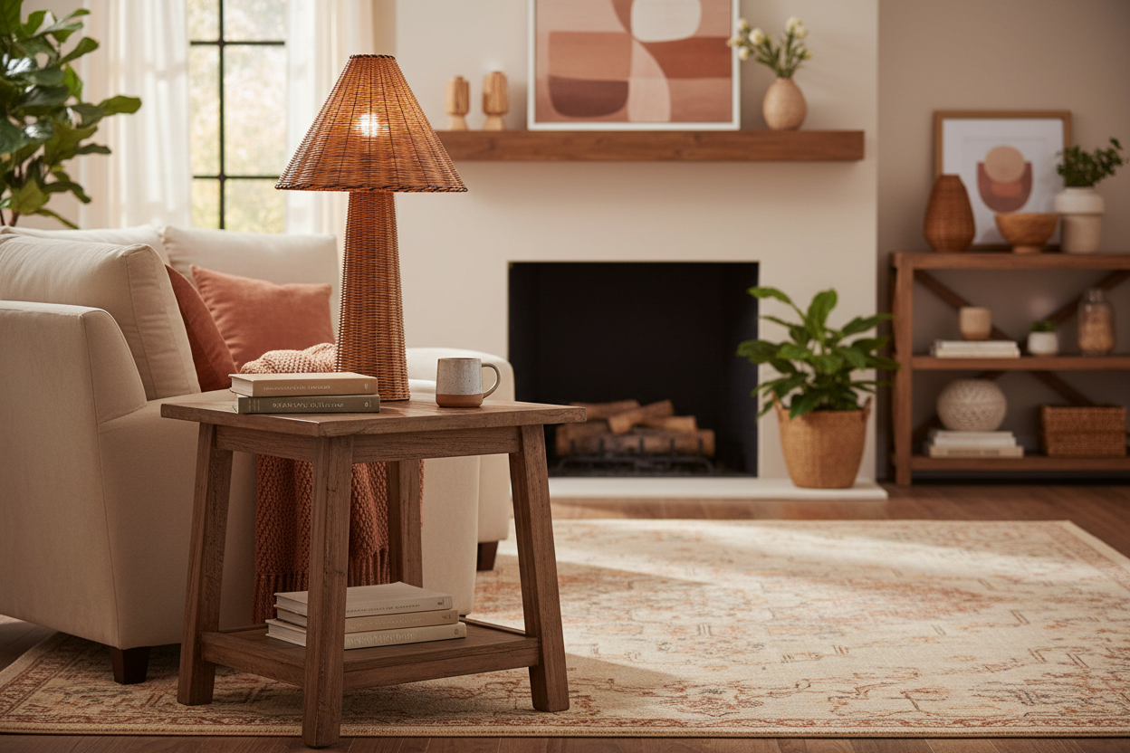 27" Brown Rattan Table Lamp with Empire Shade