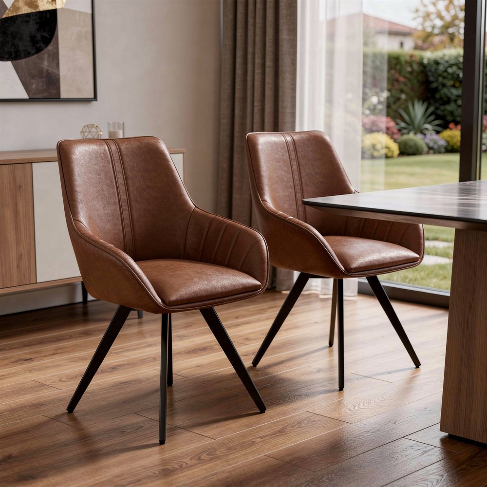 Set of Two 22" Brown Faux Leather Tufted Dining Armchair