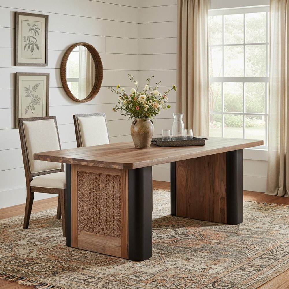 71" Brown and Black Natural Wood and Rattan Dining Table