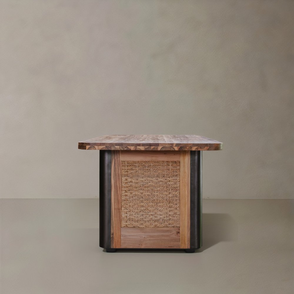 71" Brown and Black Natural Wood and Rattan Dining Table