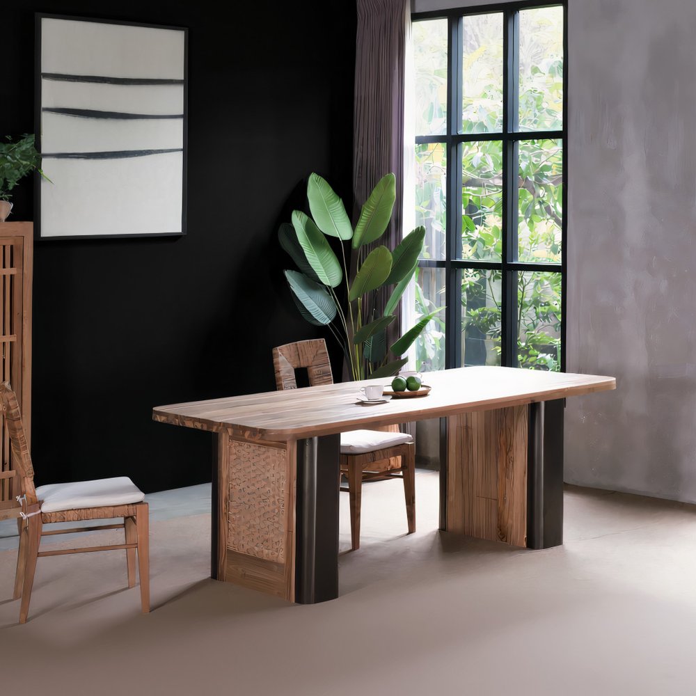 71" Brown and Black Natural Wood and Rattan Dining Table