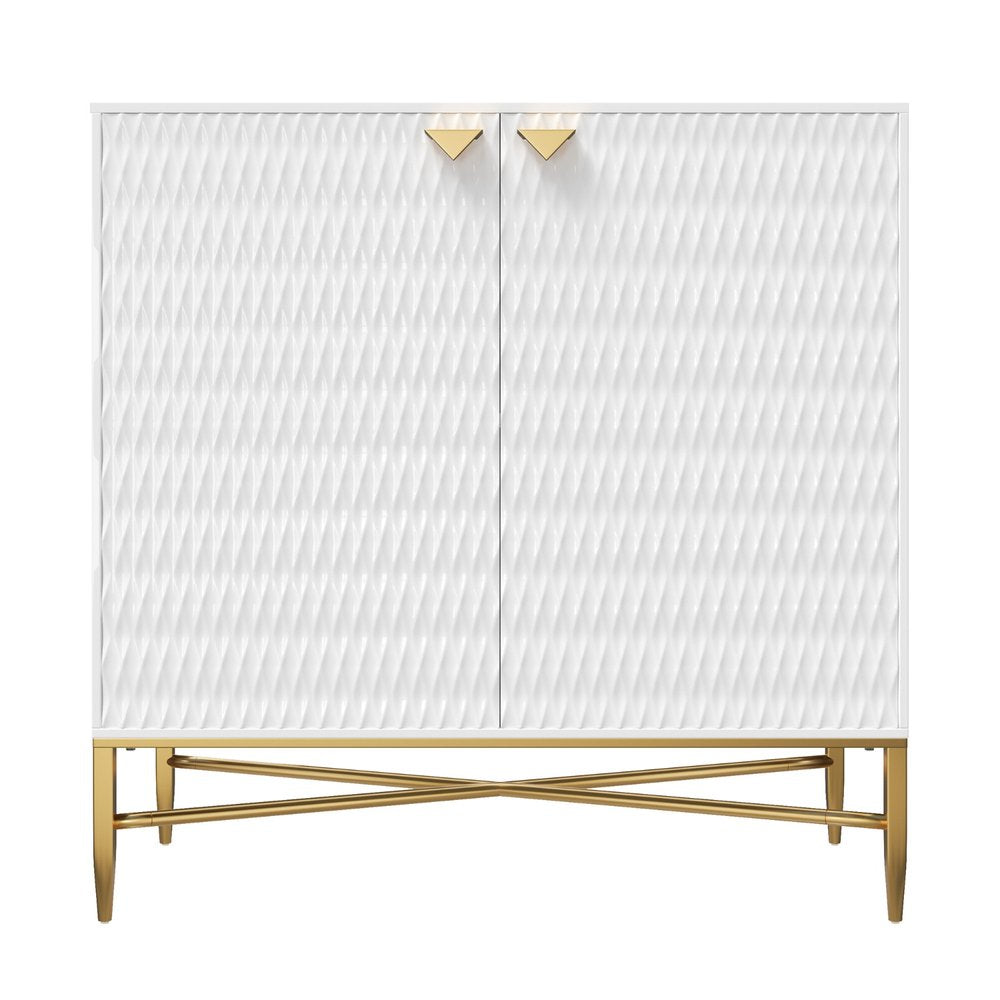 32" White and Gold Grated Accent Cabinet