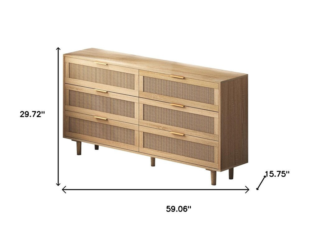 59" Brown Wood Coastal Sideboard with Six Drawers