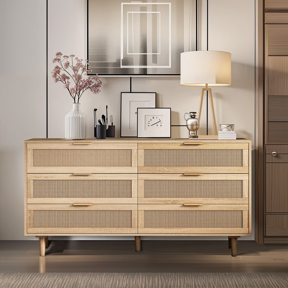 59" Brown Wood Coastal Sideboard with Six Drawers